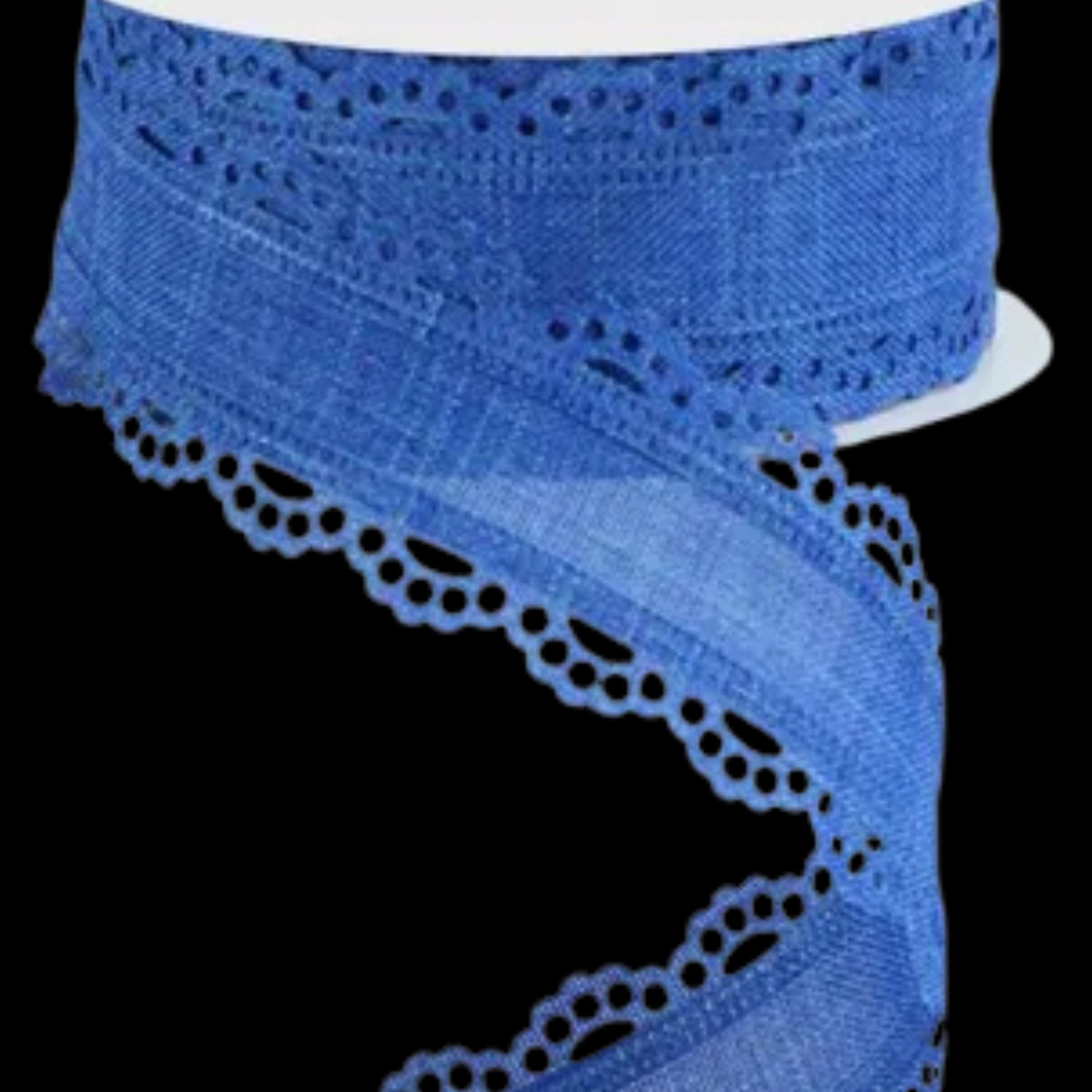 Royal Blue Lace Edge Scalloped Edge Wired Ribbon by the Roll 1.5