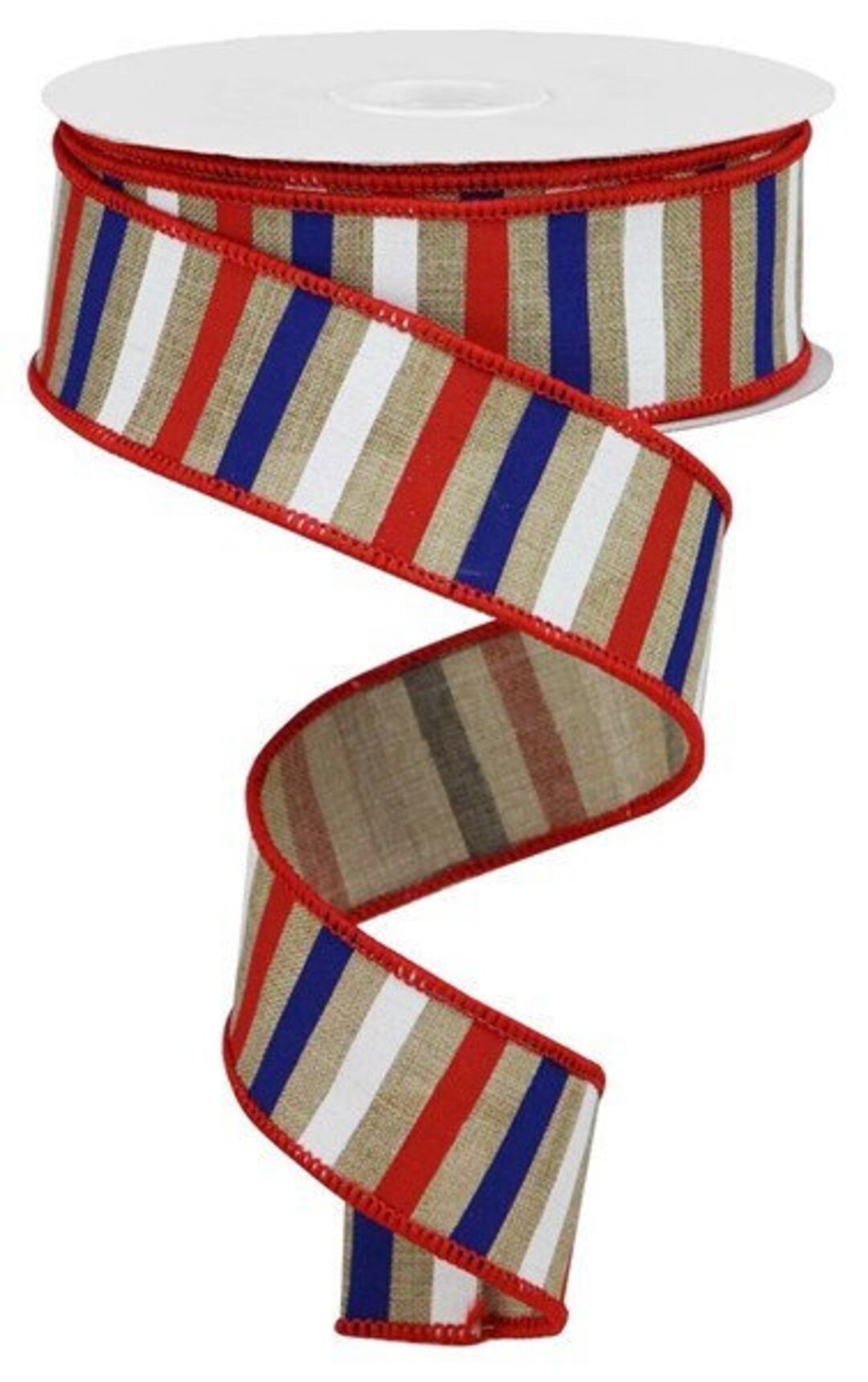 Tan Striped Ribbon Patriotic Stripe Red White Blue Tan/beige Wired Ribbon by the Roll 1.5 ...