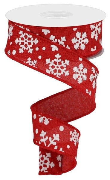 Red snowflakes with a red stitch border printed on 5/8 white single face  satin ribbon, 10 yards