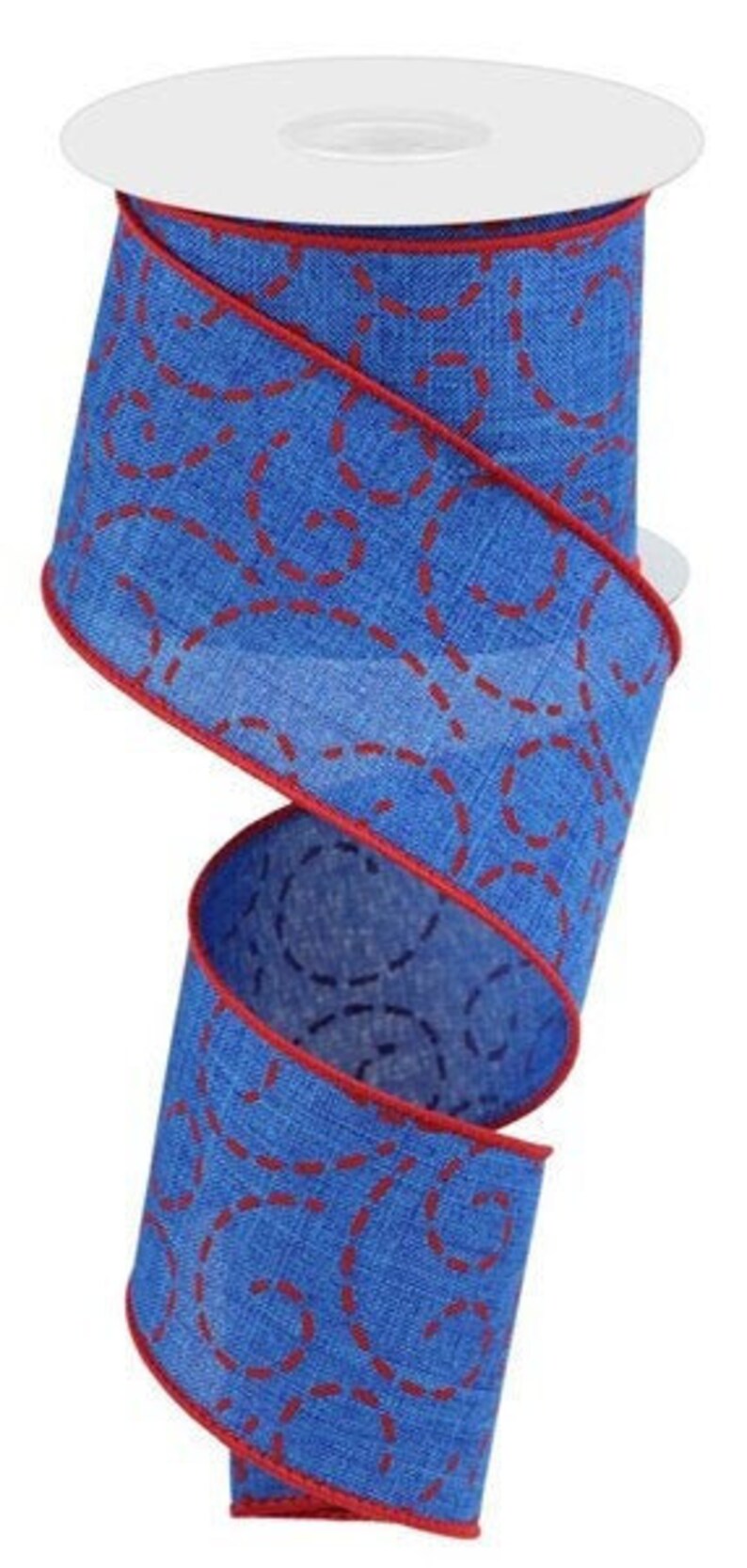 Blue Dashed Ribbon Patriotic Royal Blue Red Dashed Swirls Wired Ribbon by the Roll 2.5