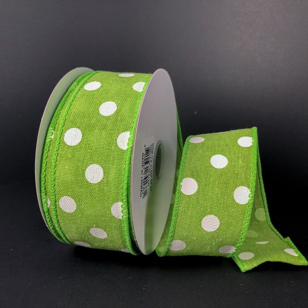 Lime Green White Polka Dot  Wired Ribbon By the Roll 1.5" x 10 Yards 0929