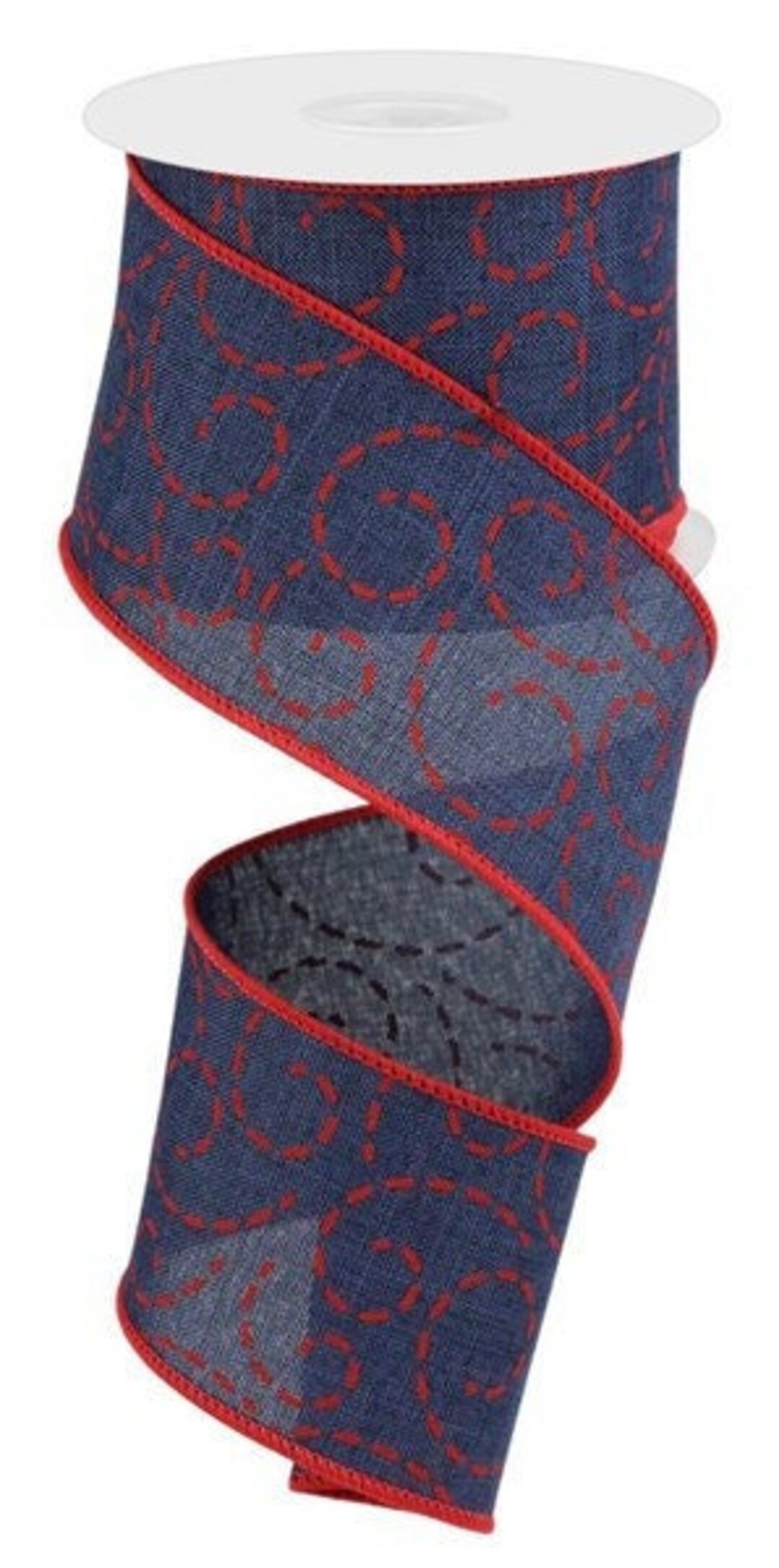Blue Dashed Ribbon Patriotic Navy Blue Red Dashed Swirls Wired Ribbon by the Roll 2.5
