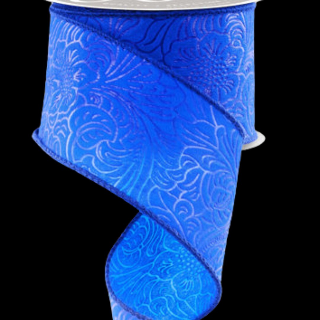 Royal Blue Floral Leaves Wired Ribbon by the Roll 2.5