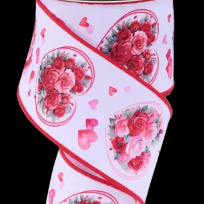 Valentine Ribbon Heart Pink Red Roses Wired Ribbon by the Roll 2.5