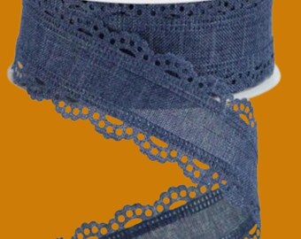 Navy Blue Lace Trim  Wired Ribbon by the roll 1.5" x 10 yards RGC130219