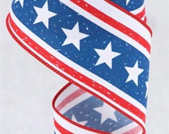 Red White Blue Patriotic Vertical Stars Stripes  Wired Ribbon By the Roll 2.5" x 10 Yards RGC178827