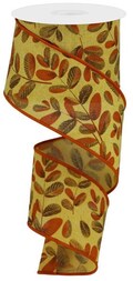 Fall Bold Leaves Mustard Light Beige Dark Brown Dark Orange Wired Ribbon by the Roll 2.5" x 10 YARD ROLL