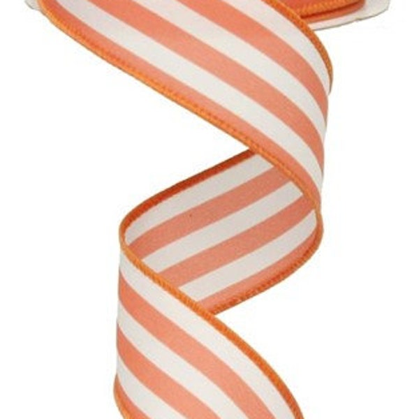 Coral White Stripe  Wired Ribbon By the Roll 1.5" x 10 Yards  RX91358K