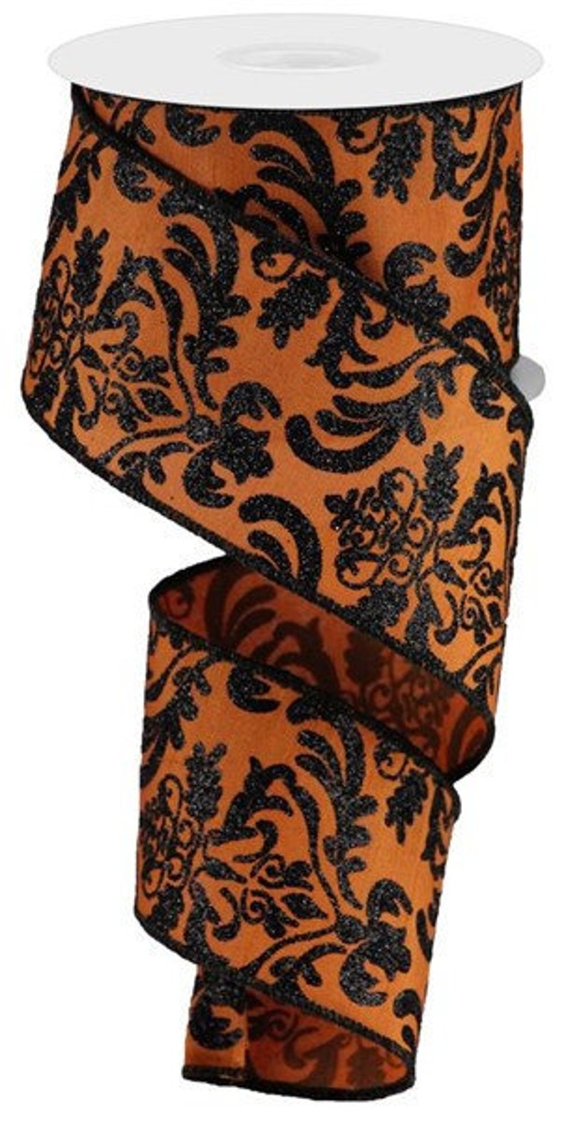 Orange Black Damask Wired Ribbon By the Roll 2.5 x 10 YARD ROLL RGB1325TC