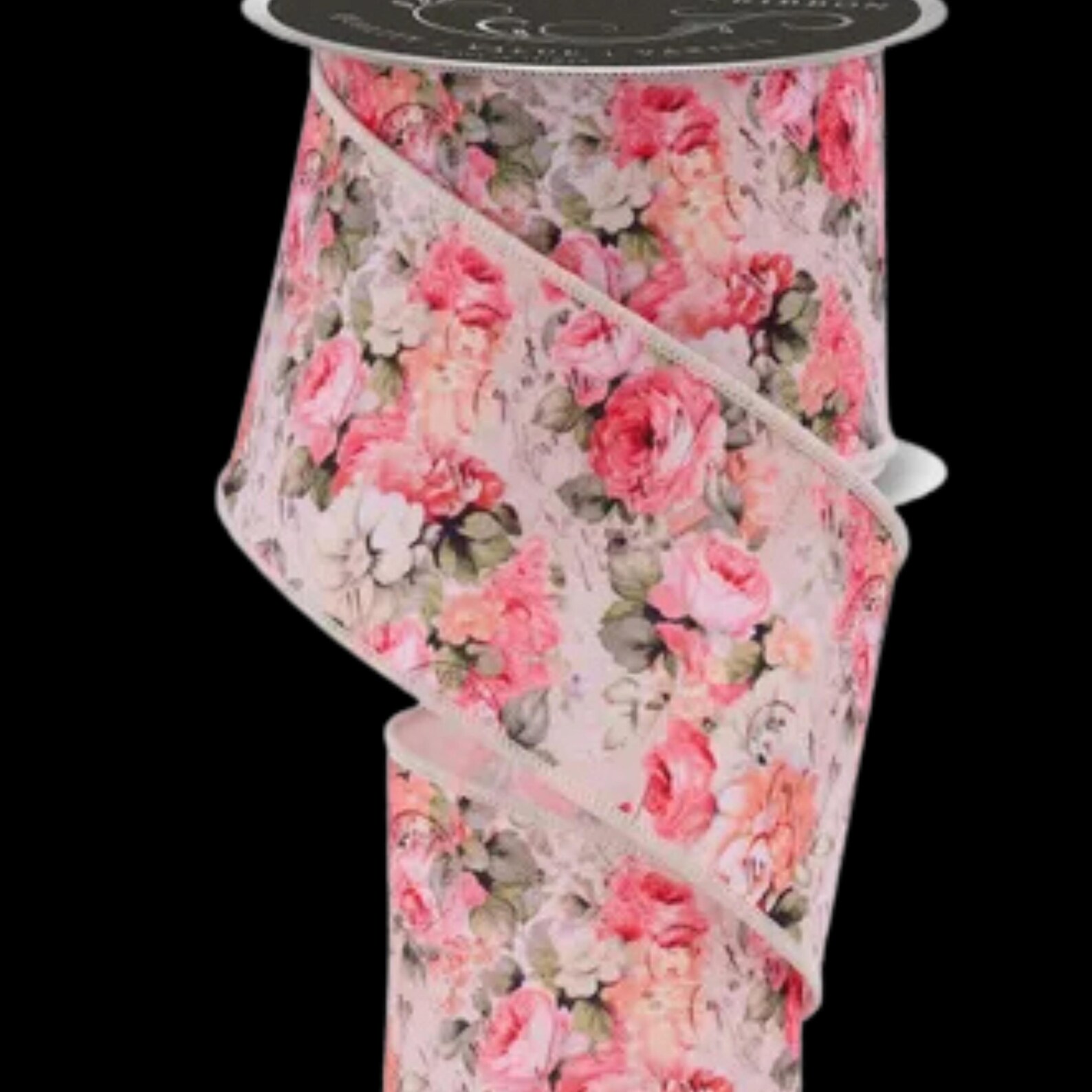 Pink Floral Vintage Roses Wired Ribbon by the Roll 2.5