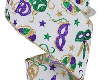 Mardi Gras Glitter Pattern  Wired Ribbon By the Roll 2.5" x 10 Yards RGE124427
