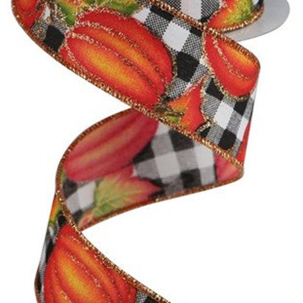 Metallic Pumpkin on Plaid  Wired Ribbon By the Roll 1.5" x 10 Yards RGA195127