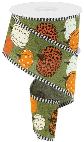Leopard Pumpkins Striped Edge  Wired Ribbon By the Roll 2.5" x 10 Yards RGA8051EW
