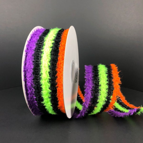 Halloween Fuzzy Stripe  Wired Ribbon By the Roll 1.5" x 10 Yards 57204-09-01