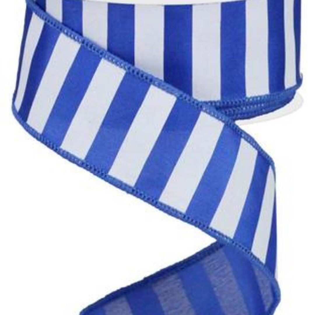 Patriotic Royal Blue White Stripe Wired Ribbon by the Roll 1.5