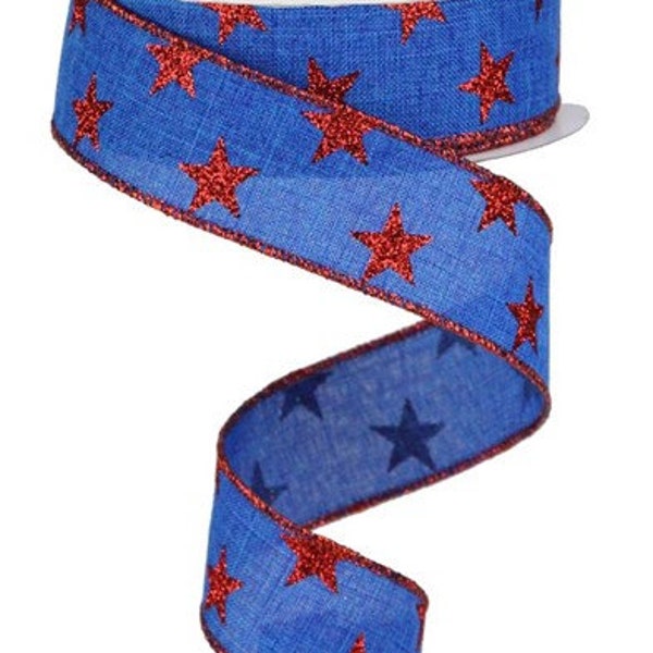 Patriotic Glitter Stars  Wired Ribbon By the Roll 1.5" x 10 Yards RGA110925