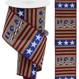 Patriotic USA Stars and Stripes  Wired Ribbon By the Roll Royal Burlap/Glitter RGE108201