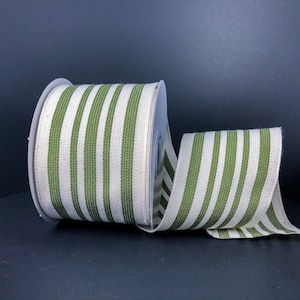 Moss Green Ivory French Ticking Stripe on Linen  Wired Ribbon By the Roll 2.5&quot; x 10 Yards 6700140-29