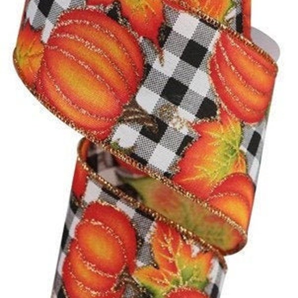 Metallic Pumpkin on Plaid  Wired Ribbon By the Roll 2.5" x 10 Yards RGA195227