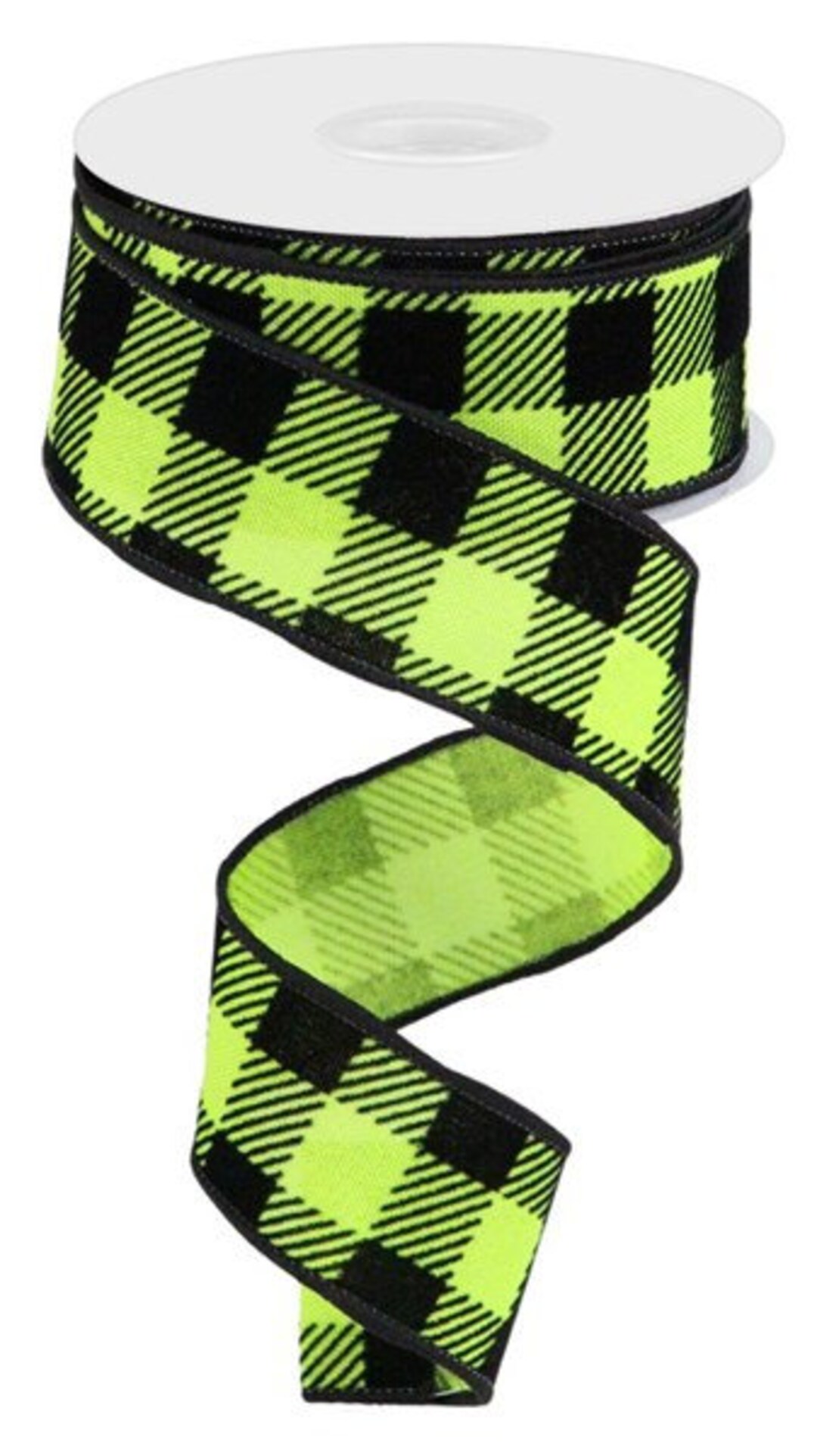 Lime Green Black Velvet Plaid Wired Ribbon by the Roll 1.5