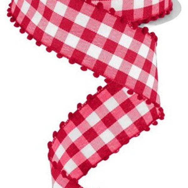 Gingham Check w/Poms  Wired Ribbon By the Roll 1.5" x 10 Yards RN585849