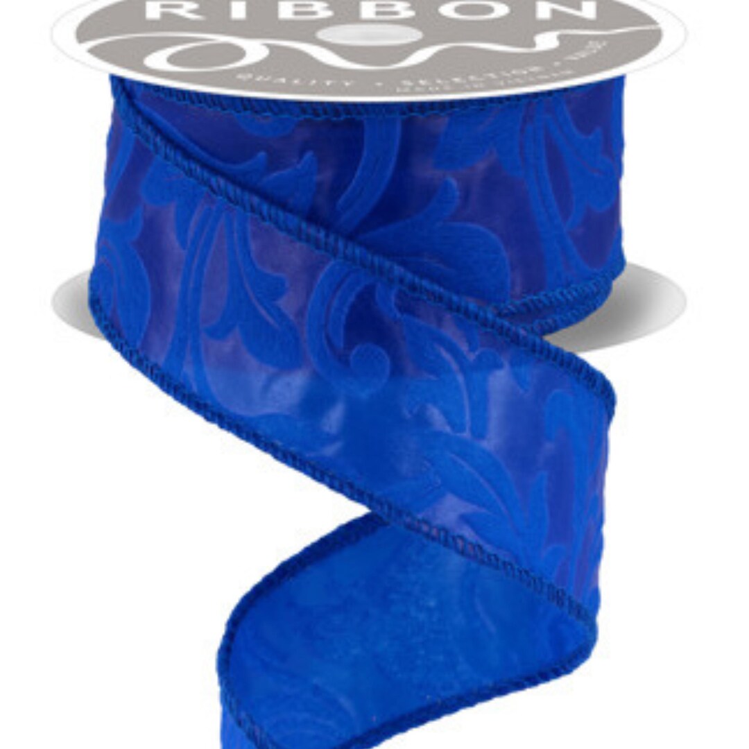 Roal Ribbon Royal Blue Floral Leaves Wired Ribbon by the Roll 1.5