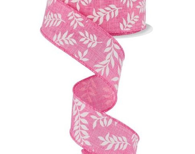 Pink Laurel Leaf Wired Ribbon by the Roll 1.5