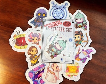 D&D Themed Sticker Set - 12 Adventurer and Dice Stickers with Slogans