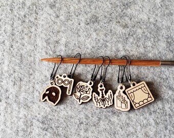 The Phantom of the Opera Stitch Markers - for Knitting and Crochet - Engraved Maple Wood - Knitter Crocheter Gift - Broadway