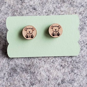 Koala Wood Stud Stainless Steel Earrings Laser Cut 10mm Studs Cute Kawaii Animal Wooden Jewelry Bear Australia Koalas