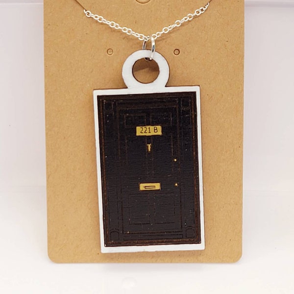 221B Baker Street Necklace Pendant - Sherlock Holmes Door Jewelry - Engraved Wood Gift