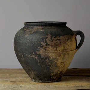 282 Antique round black clay pot with handle, Vintage pot wabi-sabi, Old terracotta pot, Stoneware pottery clay vessel, Ancient ceramic vase