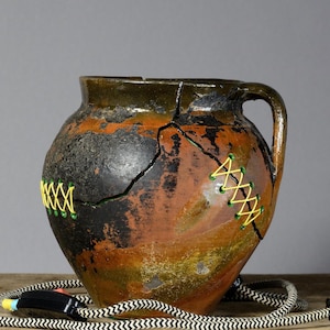 Rustic Stoneware Pot Lamp | Vintage Green Ceramic Lantern | Wabi-Sabi Decor