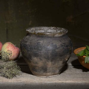 Pode incluir: Um pote de cerâmica escuro e desgastado, com uma boca larga e corpo arredondado, está posicionado centralmente. À esquerda, duas maçãs vermelhas e ramos de endro seco. À direita, uma tigela cor de terracota com ervas verdes frescas.