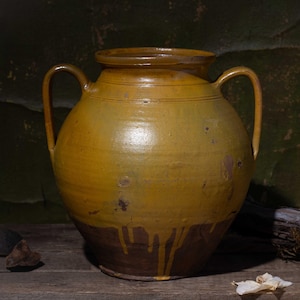 May include: A large, yellow-brown ceramic jar with two handles, set against a dark green backdrop. The jar has a rounded body and a darker brown base with dripped paint effect. A piece of driftwood and dried flowers are placed nearby.