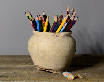 217 Rare unique distressed terracotta antique pot, Wabi-sabi beige clay pot, Ancient clay vessel, Ukrainian plant pot, Vintage stoneware pot