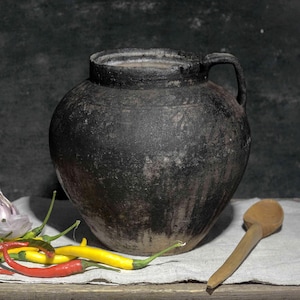 Vaso de barro ucraniano vintage | Cerâmica rústica preta | Decoração rústica de fazenda | Vaso de barro estilo Wabi Sabi