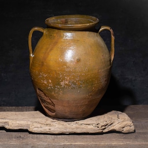 May include: A large, antique-style ceramic jar with two handles, in shades of brown and green, sits on a piece of driftwood. A small, dried flower stem and a small gray cup are also present. The jar has a rustic, aged appearance.