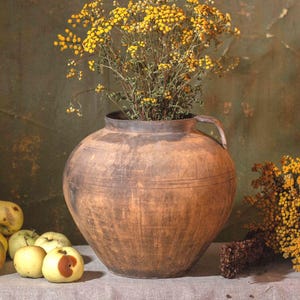 Vintage Ukrainian Terracotta Pot with Handle | Large Rustic Vessel | Farmhouse Decor | Wabi Sabi