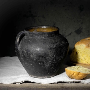 Vintage Ukrainian Black Pottery Pot | Rustic Folk Ceramic | Brown Green Glazed Interior | Handmade Earthenware