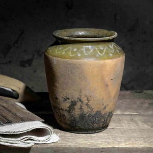 Antique Ukrainian Green-Glazed Pottery Vase | Rustic Earthenware Flower Pot | Vintage Folk Ceramic | Wabi-Sabi Decor