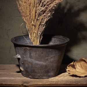 Antique Black Smoked Pottery Basin | Ukrainian Clay Vessel | Wabi Sabi Staple Repaired | 879