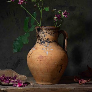 Antique Ukrainian Clay Jug | Handmade Folk Pottery Pitcher | Rustic Farmhouse Decor | Wabi-Sabi Terracotta Vessel