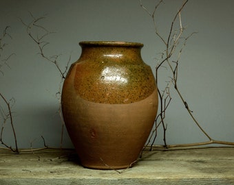 Vintage Ukrainian Terracotta Vase | Brown Glazed Clay Pot | Rustic Farmhouse Decor | Flower Vase