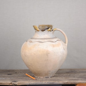 Vintage Ukrainian Water Jug | Spherical Light Clay Vessel with Green Glaze & Geometric Ornament | 807