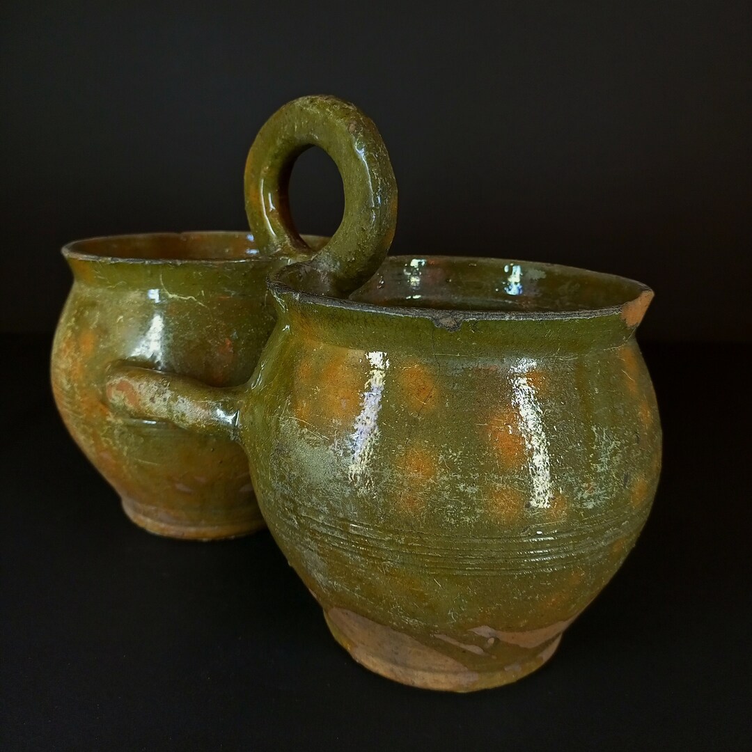 26 Antique Green Pottery Vesseltwins, Green Stoneware Pots, Vintage