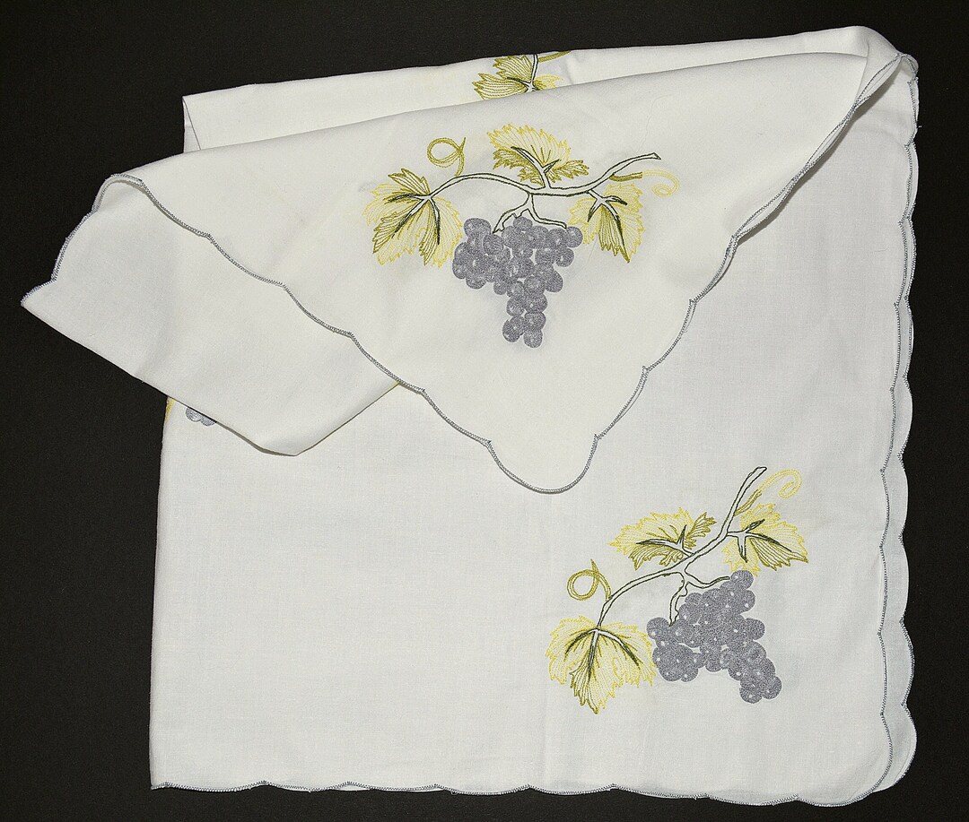 Vintage Embroidered Grapes Cotton Cafe Tablecloth, Kitchen Embroidery