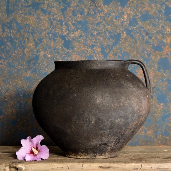 410 Antique Round Black Clay Pot With Handle, Vintage Pot