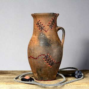 Ceramic Black-Brown Ukrainian Pottery Night Lamp — Antique Clay Pot | Orange Glow | Wabi-Sabi Folk Art