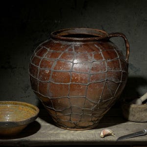 May include: A large, round, brown ceramic jug with a single handle, encased in a wire mesh netting. Beside it sits a shallow, wide-rimmed brown bowl, a small wooden mortar and pestle, a single clove of garlic, and a metal knife with a wooden handle.